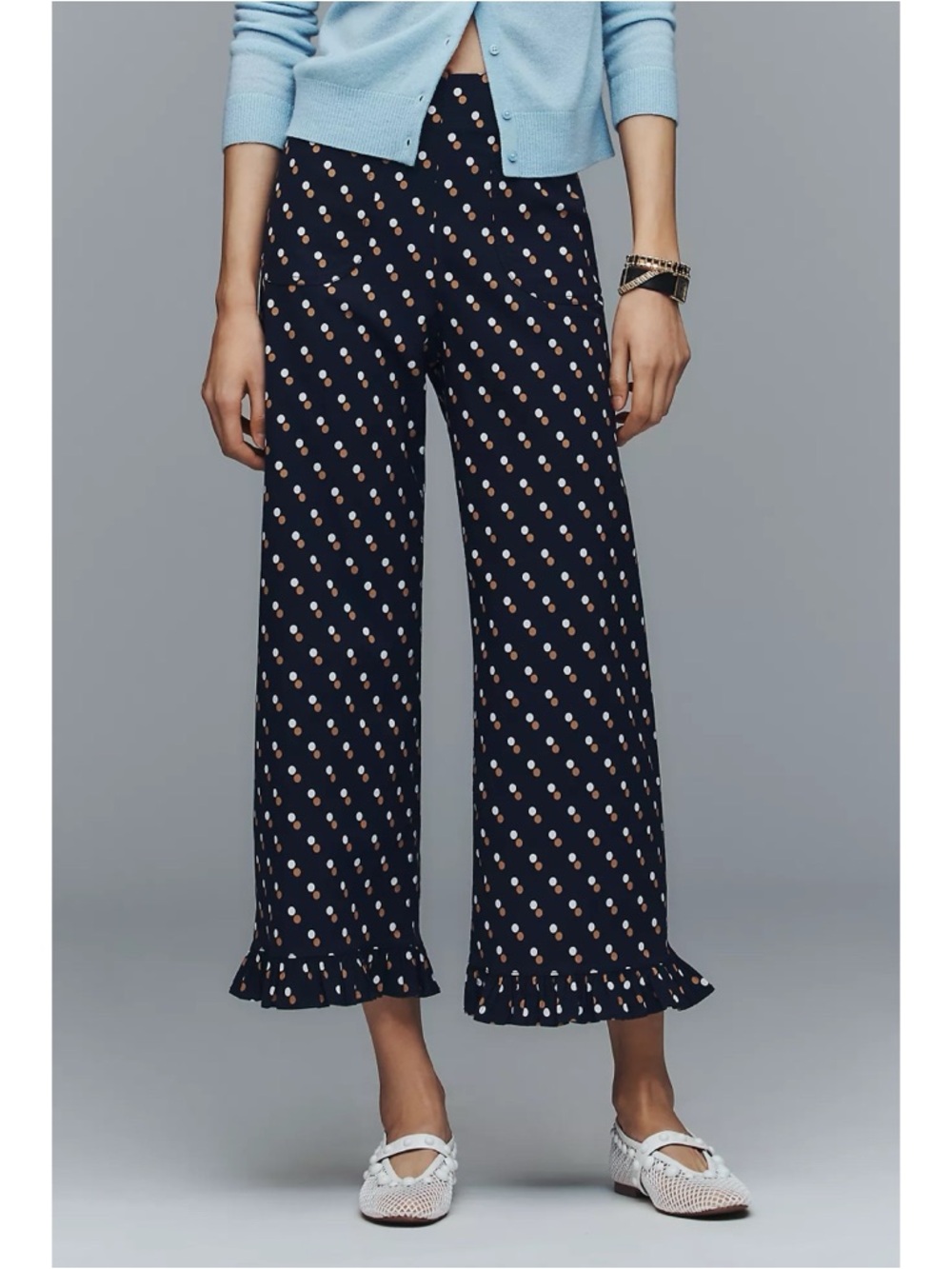 NWT Anthropologie The Colette Ruffle-Hem Crop Wide-Leg Pants Polka Dot 29